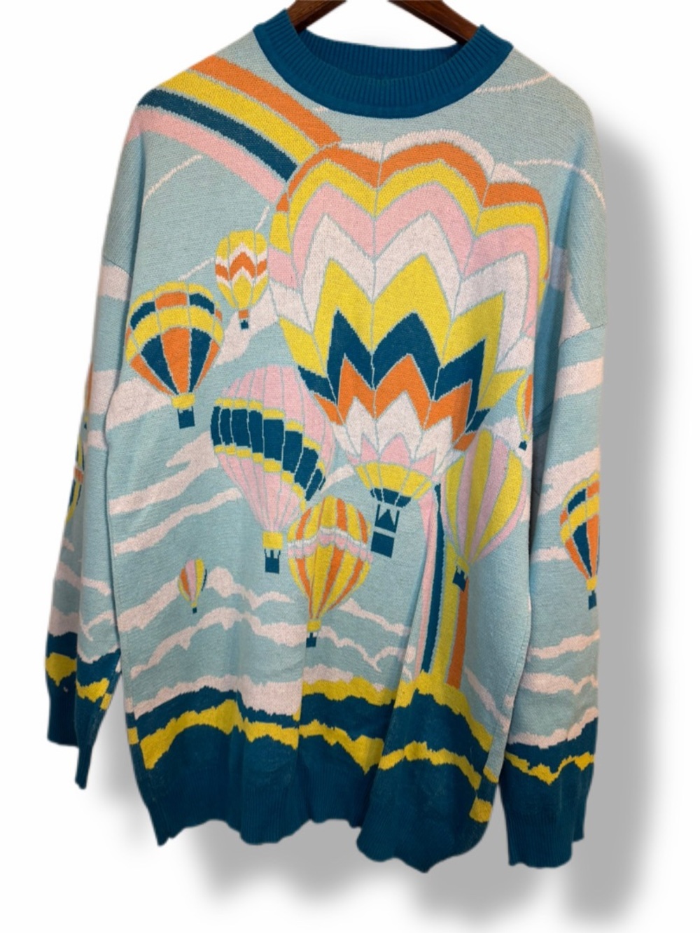 Current Mood Hot Air Balloon Rainbow Graphic Sweater Size L Oversized